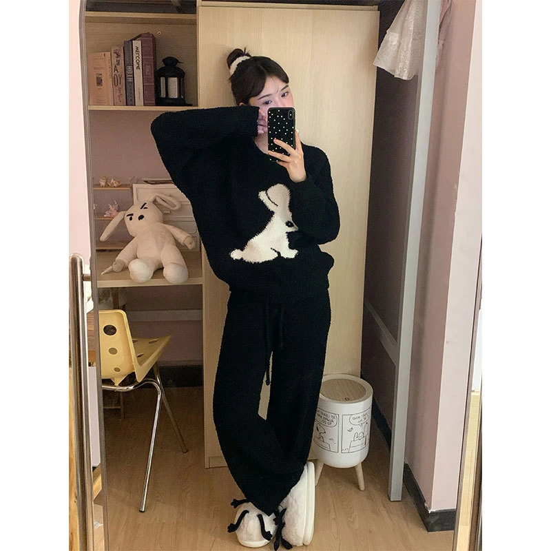 韩式可爱兔子半边绒睡衣女冬季新款加绒加厚保暖针织家居服可外穿