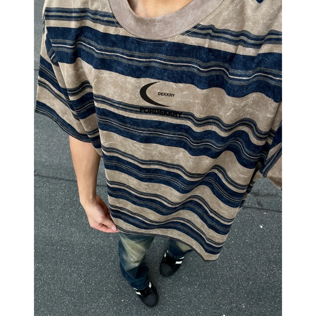 labzaa美式ins复古水洗条纹短袖T恤男夏季潮牌宽松情侣款纯棉上衣