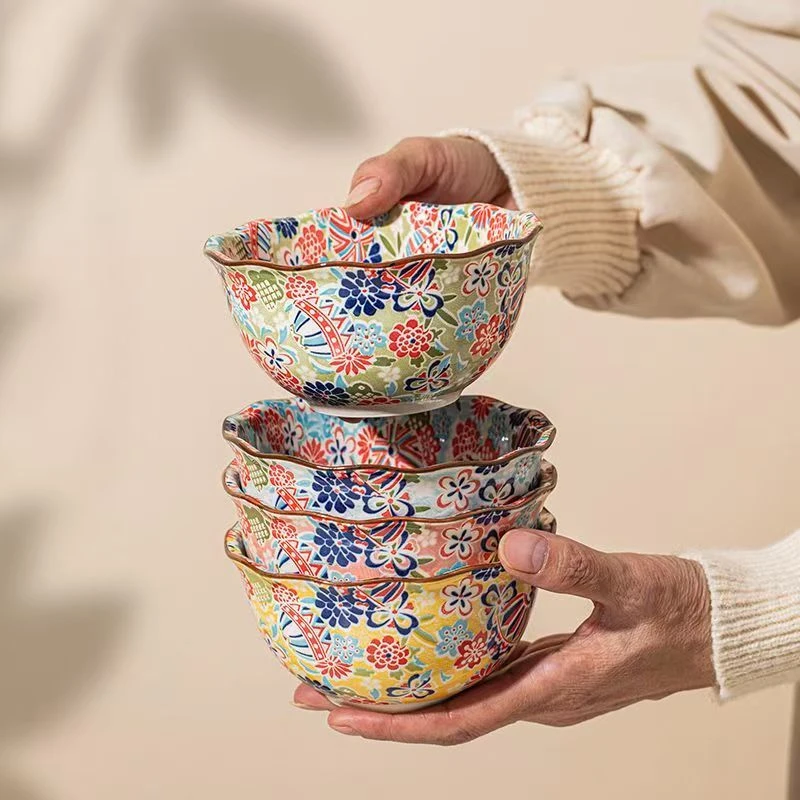 繁花系列5英寸四色米饭碗(四个颜色各一个)(四个)釉下彩陶瓷餐具