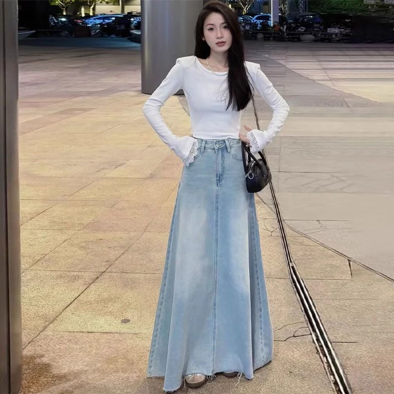 高腰水洗牛仔半身长裙女春夏中长款裙摆毛边鱼尾大摆A字裙子20237