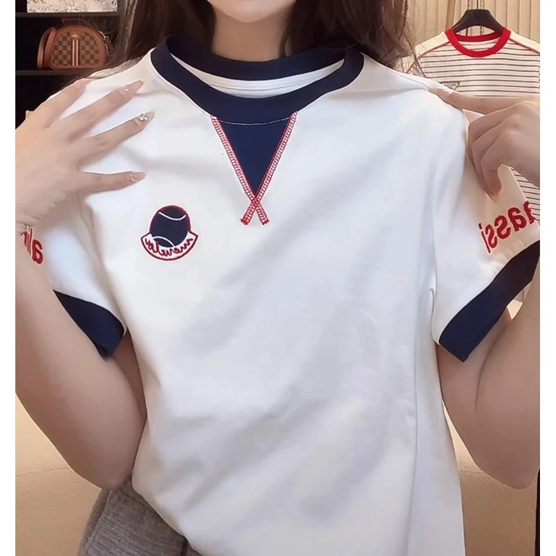 夏季新款纯棉肤感短袖撞色刺绣t恤女款百搭休闲运动圆领白色上衣