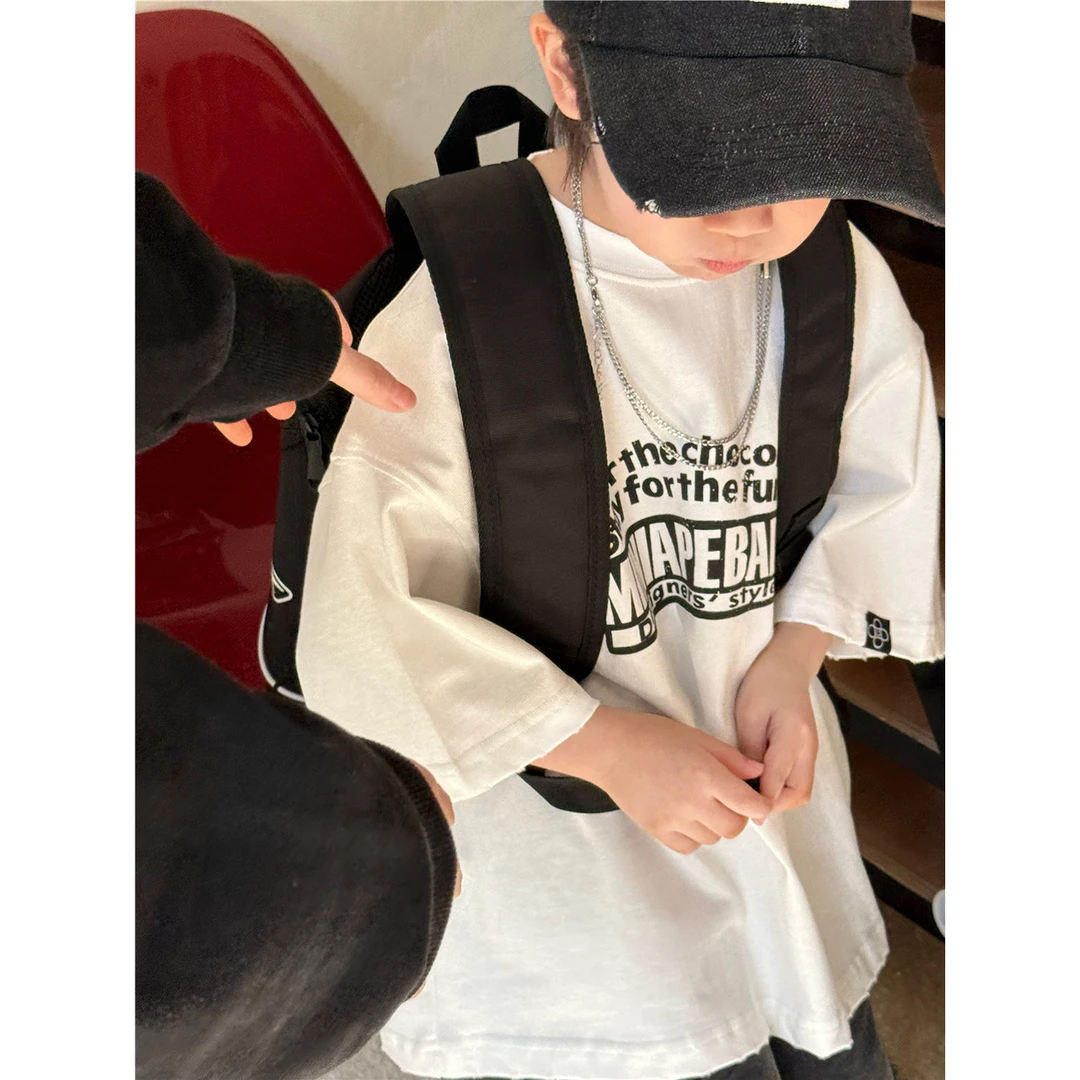 in 爱：sn25春季儿童磨破字母短袖美式男童砂洗宽松炒色T恤8193