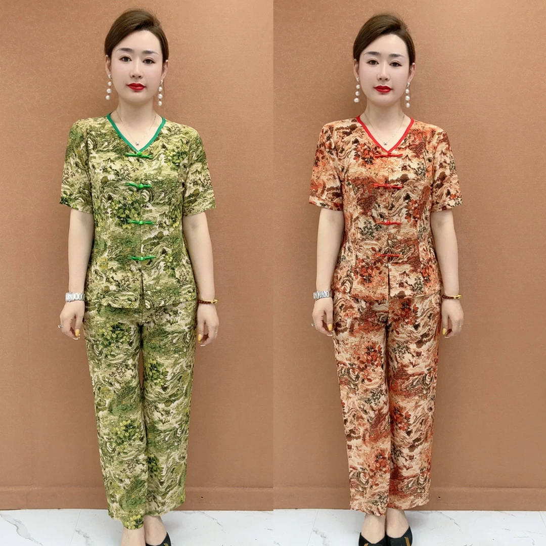 夏季中式民族风妈妈上衣搭配阔腿裤套装修身显瘦