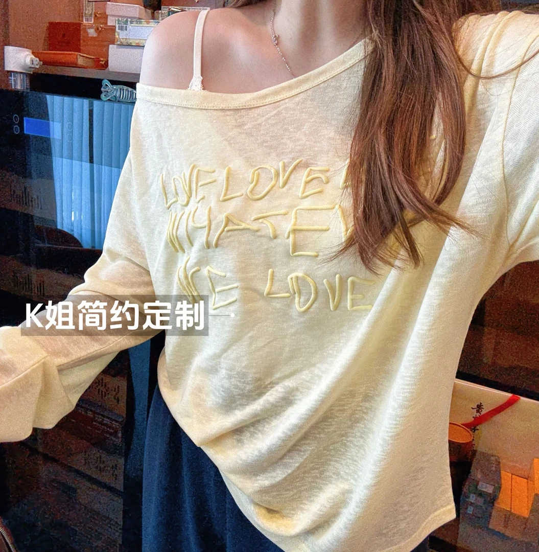 GTNER“KK定制”3D立体泡发印字母防晒罩衫显瘦斜肩长袖T恤D2005