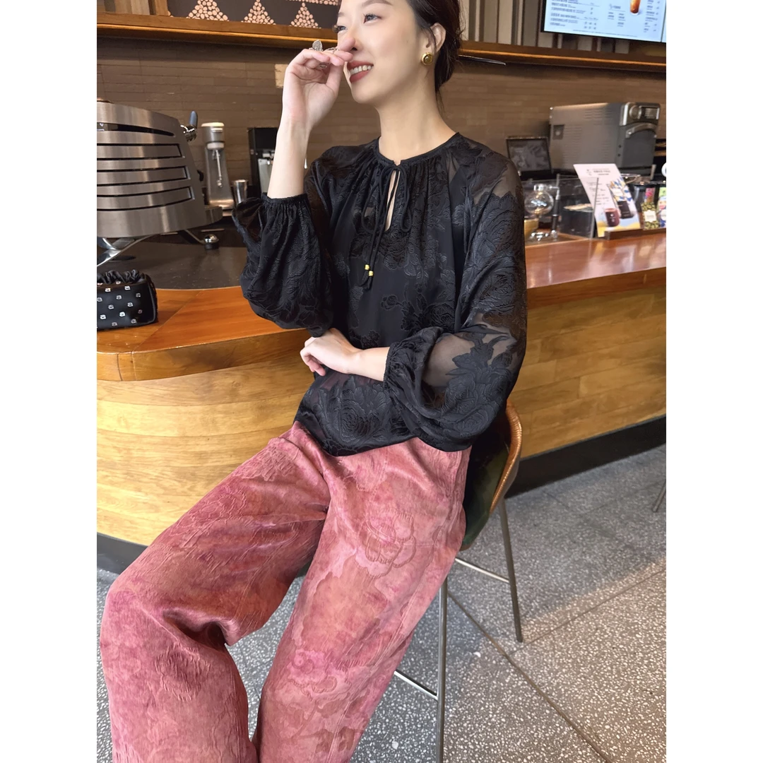 【老罗家】原创真丝衬衫女桑蚕丝剪花圆领灯笼袖宽松显瘦长袖上衣