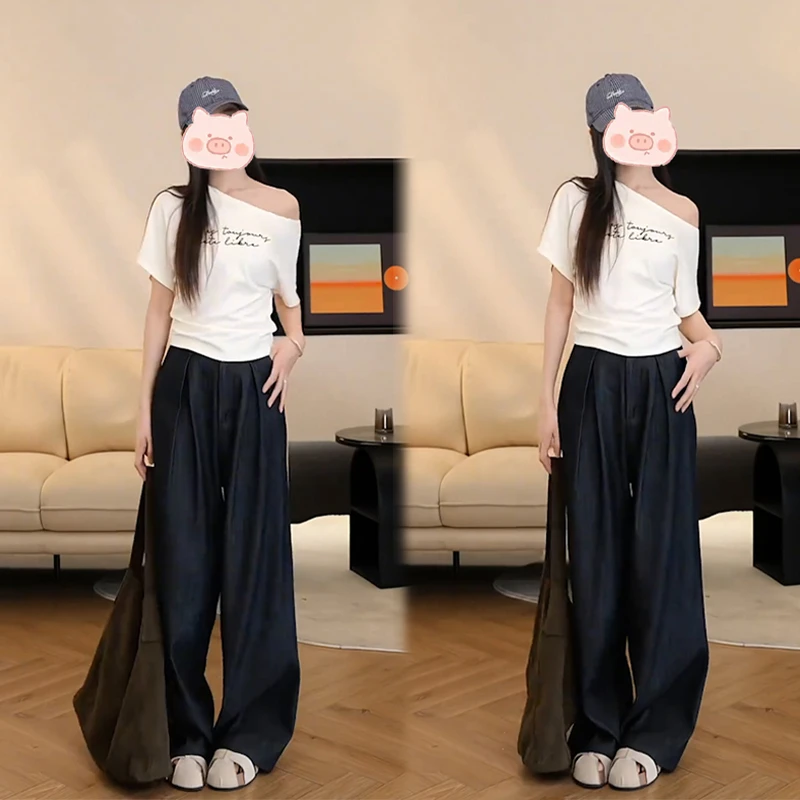 夏季韩系新款斜肩印花字母上衣短袖搭配显瘦显高阔腿裤两件套装