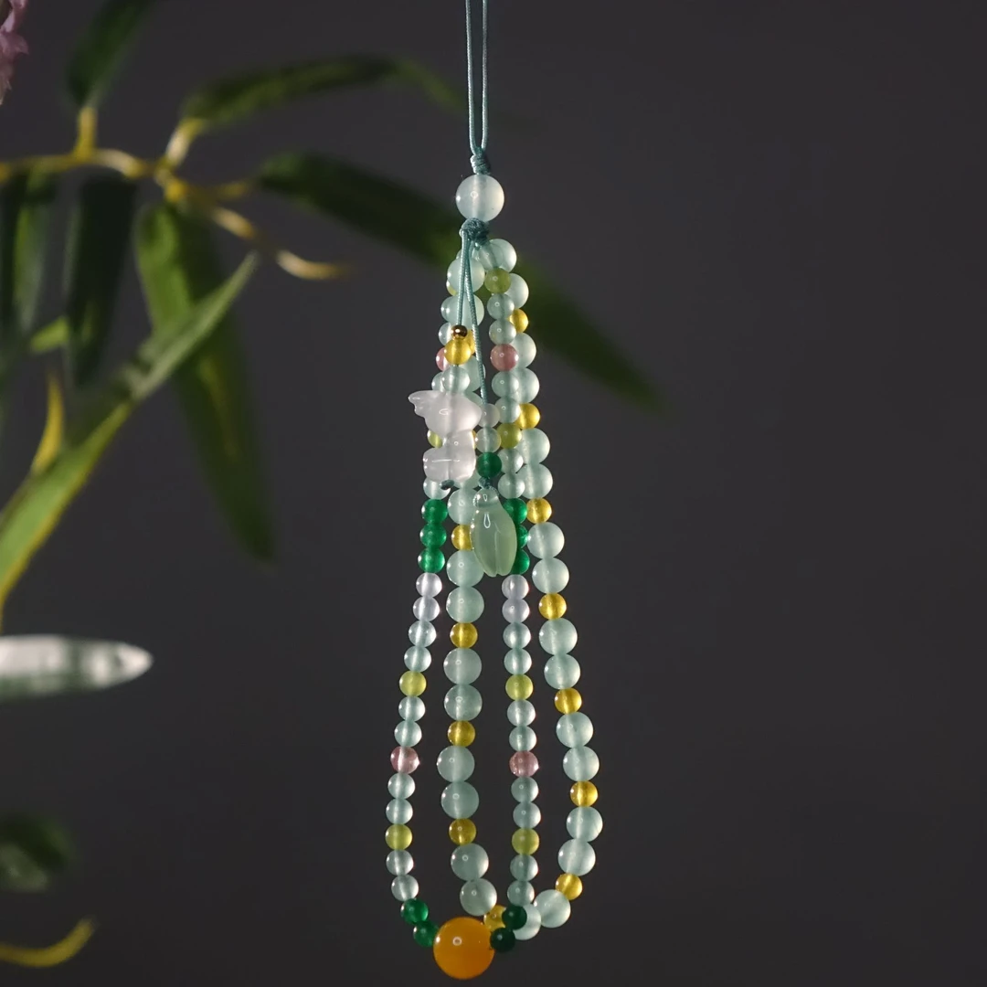 绿色系双珠串时尚精致天然玛瑙原创手机挂/包包挂