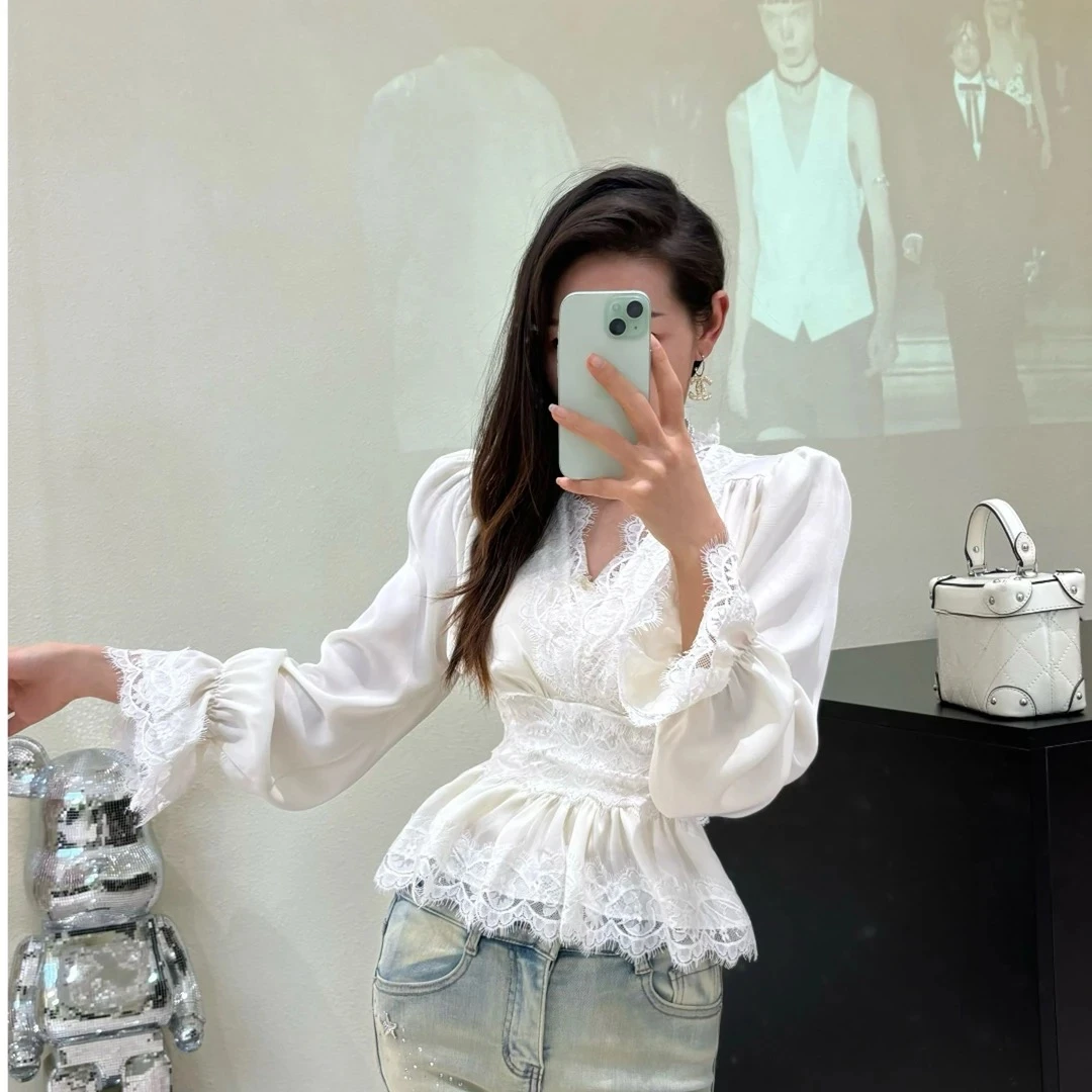 [春歌]春季新款雪纺衫拼接蕾丝边收腰高级感纯欲上衣V领洋气