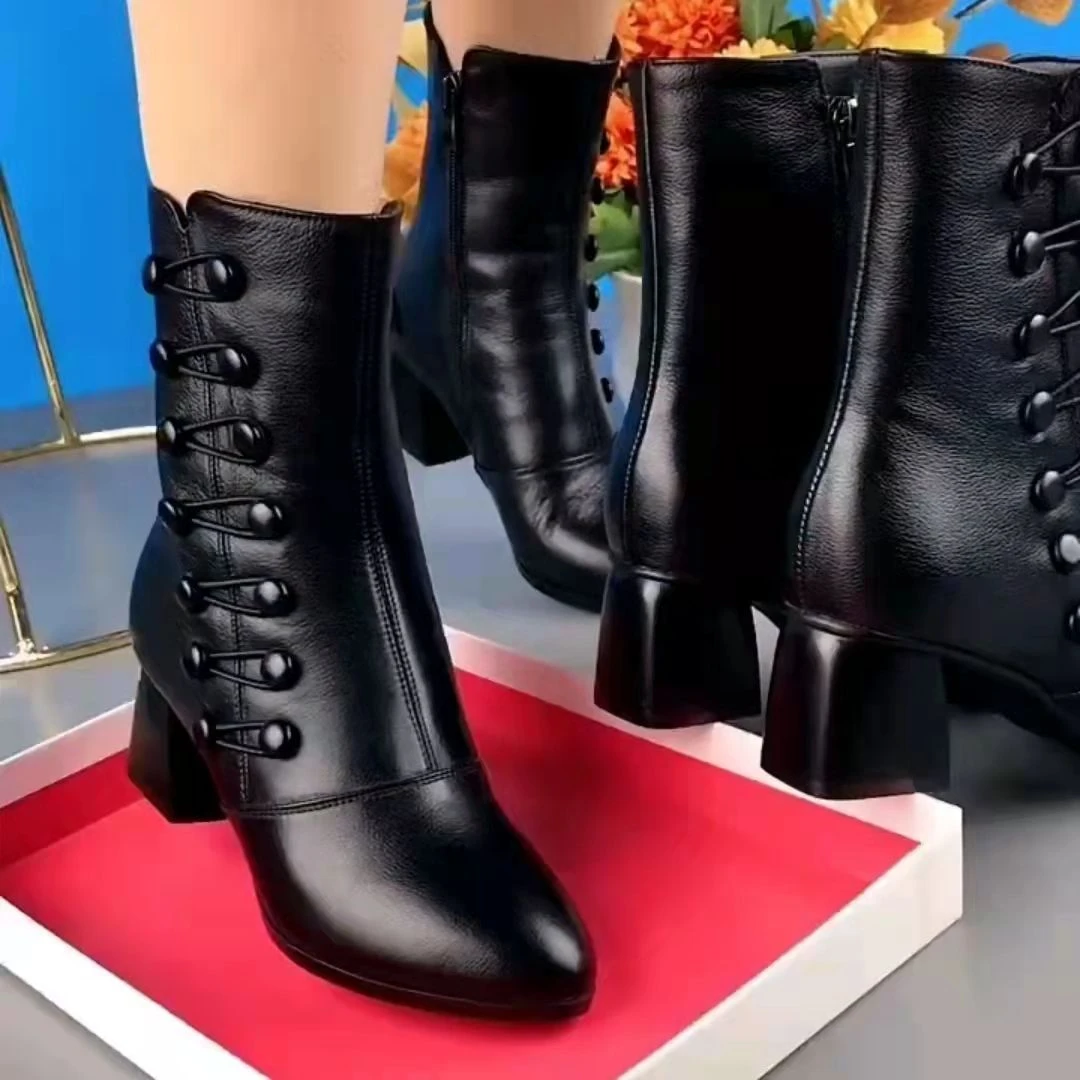 粗跟女靴秋冬优雅风小圆头中跟短靴半筒靴单靴秋冬季皮质女鞋百搭