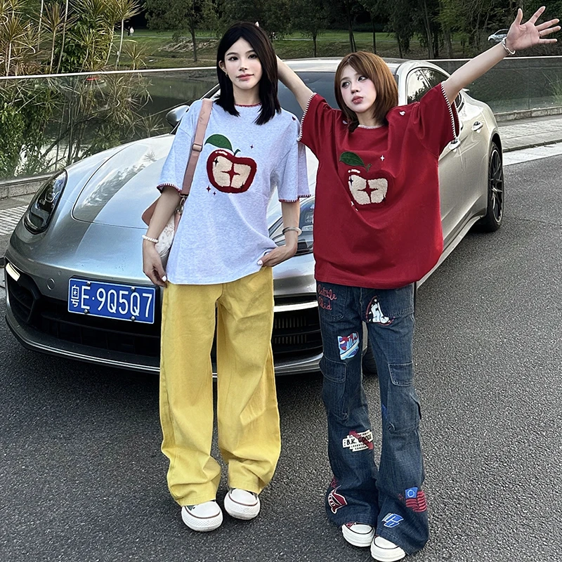 男女短袖刺绣T恤毛巾绣潮牌高级感ins夏季重磅纯棉多巴胺情侣上衣