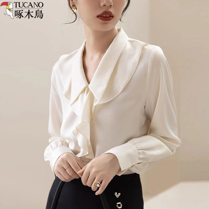啄木鸟法式衬衫秋季新款通勤上衣气质小众白衬衫女款长袖时尚衬衣