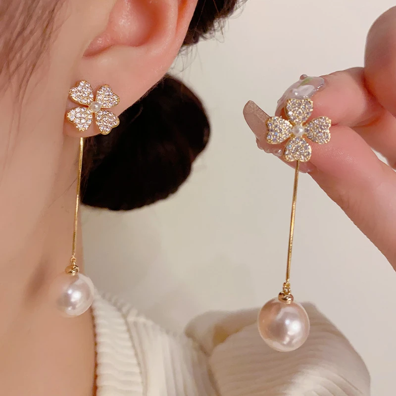铜合金仿珍珠耳饰 78号韩式简约微镶花朵吊珠珠流苏耳坠两戴款