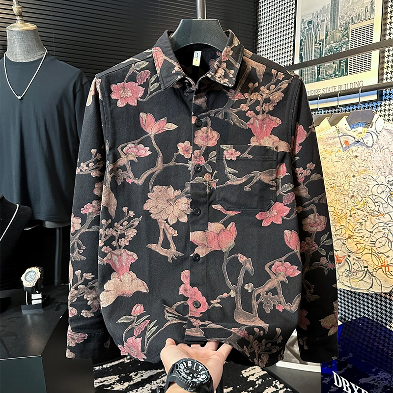 DBXB潮牌日系复古印花长袖衬衫男秋季潮流设计感百搭休闲宽松衬衣