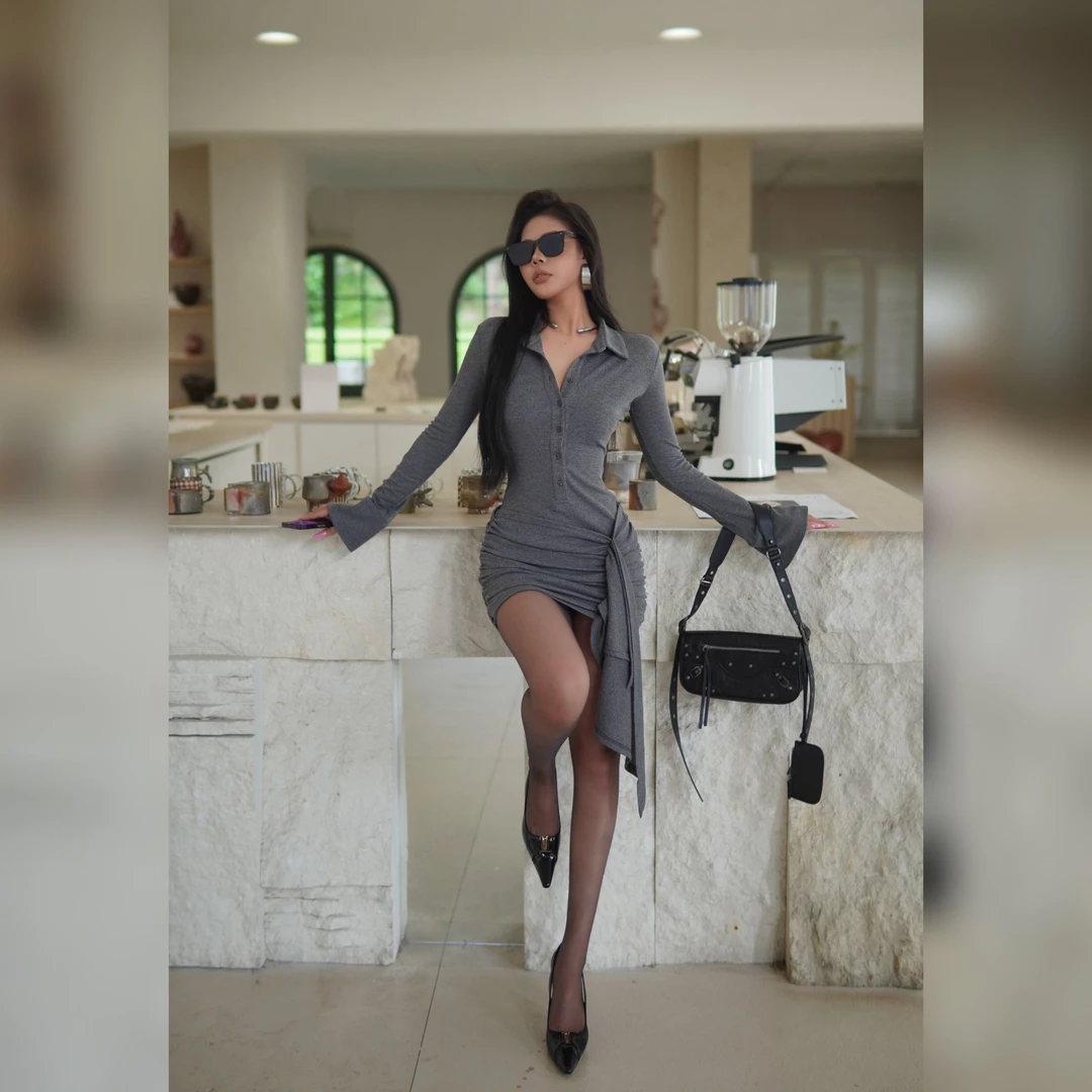 【蜜蜜家】林下风致 欧美辣妹polo领假两件长袖短裙 25/Y730