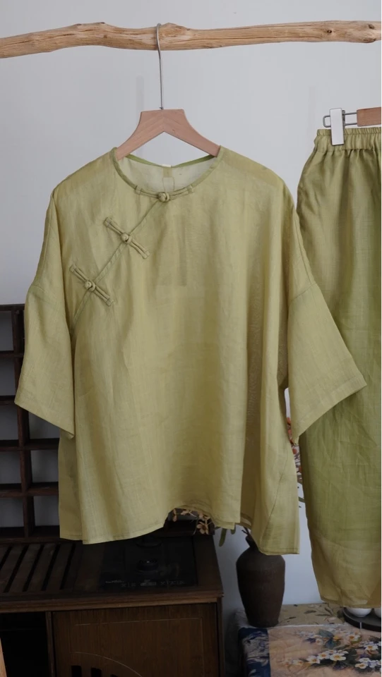 草绿色苎麻套装宽松萝卜裤