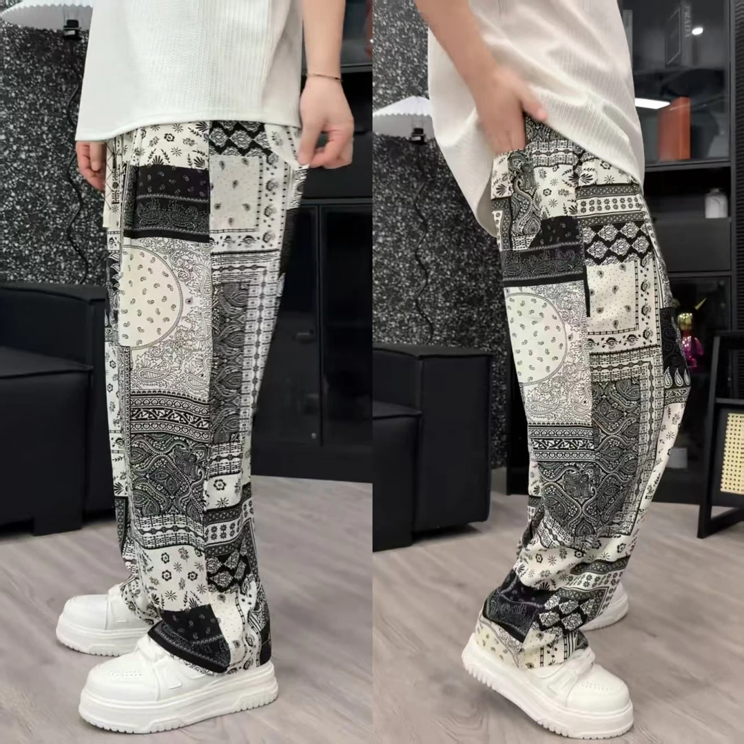 【小宇爱穿搭】冰丝轻薄款夏季腰果花直筒裤潮流时尚宽松版休闲裤