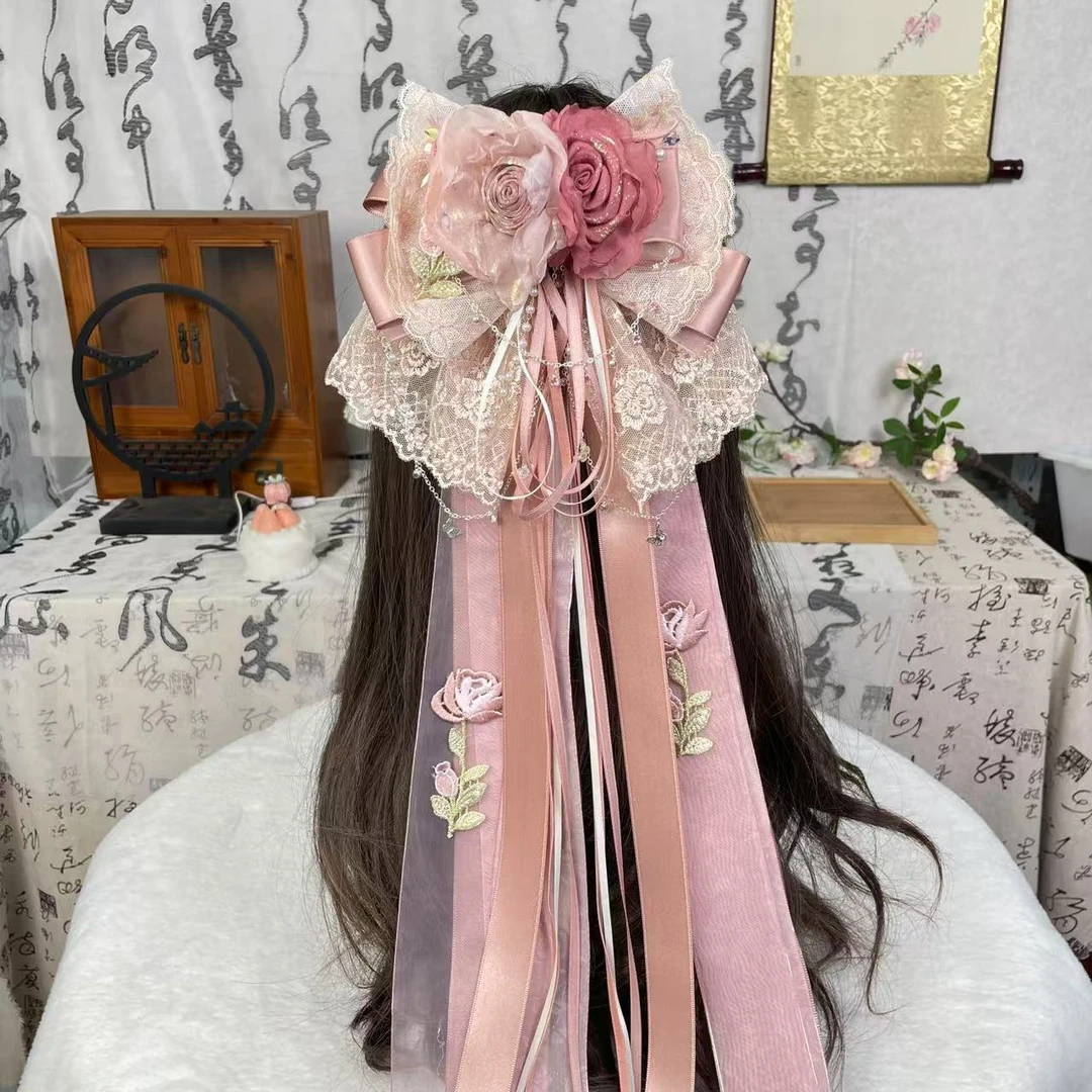 【干枯玫瑰】新国风发饰长飘带弹簧夹氛围感气质古风发夹