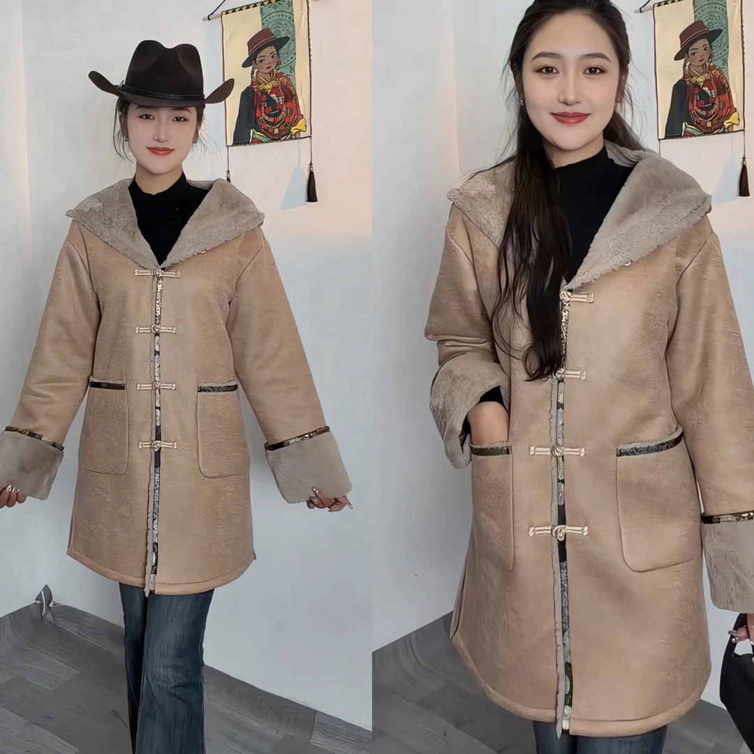 梅朵-新款藏式冬季加厚保暖两面穿连帽中长款外套皮毛一体