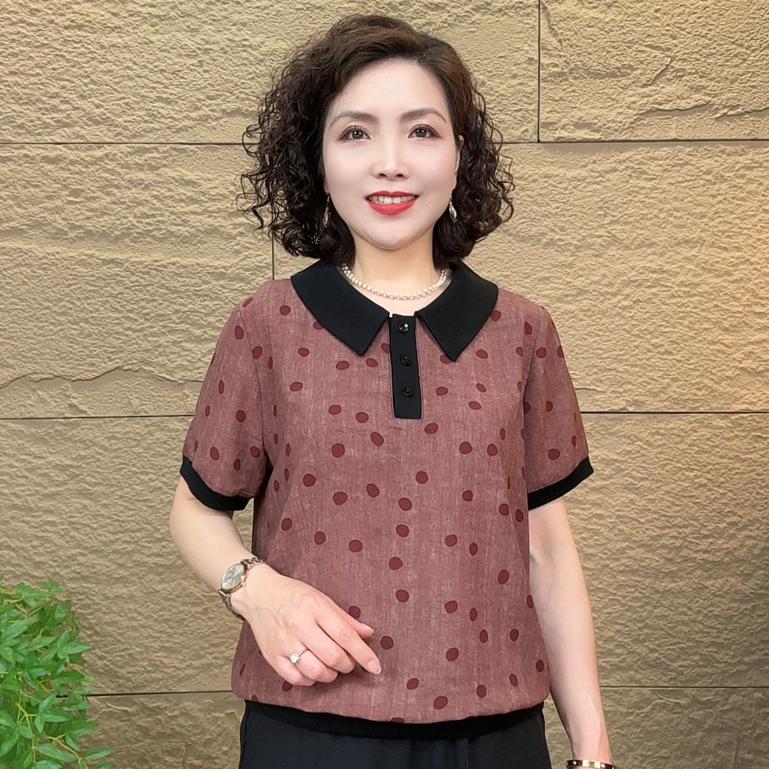 2025夏季新款气质女士休闲时尚洋气显瘦减龄宽松薄款上衣翻领短袖