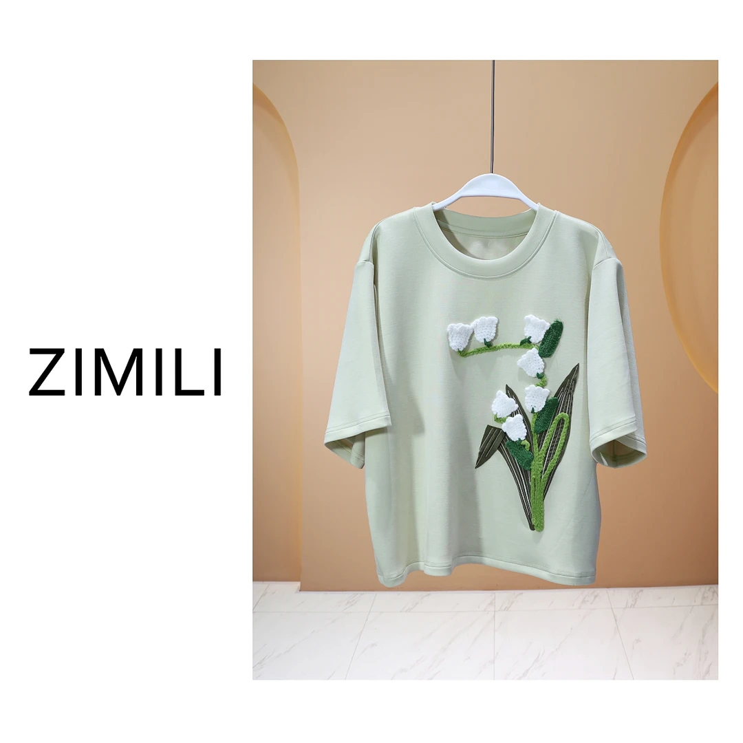 【亮哥女装】2025欧版设计师系列海沫绿立体盘花时尚短袖8657-B5