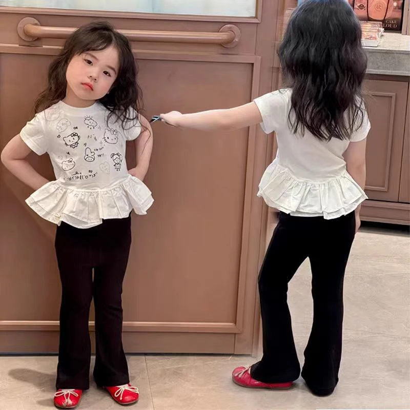 女童夏季ins风荷叶边短袖T恤2025洋气韩系新款宝宝夏季套装两件套