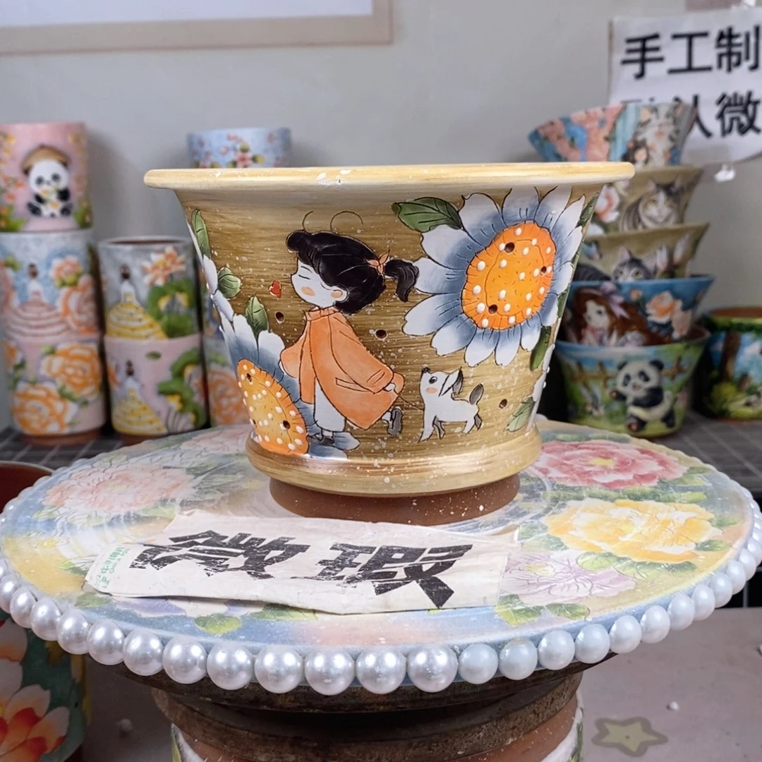 紫砂花盆红陶手绘花盆