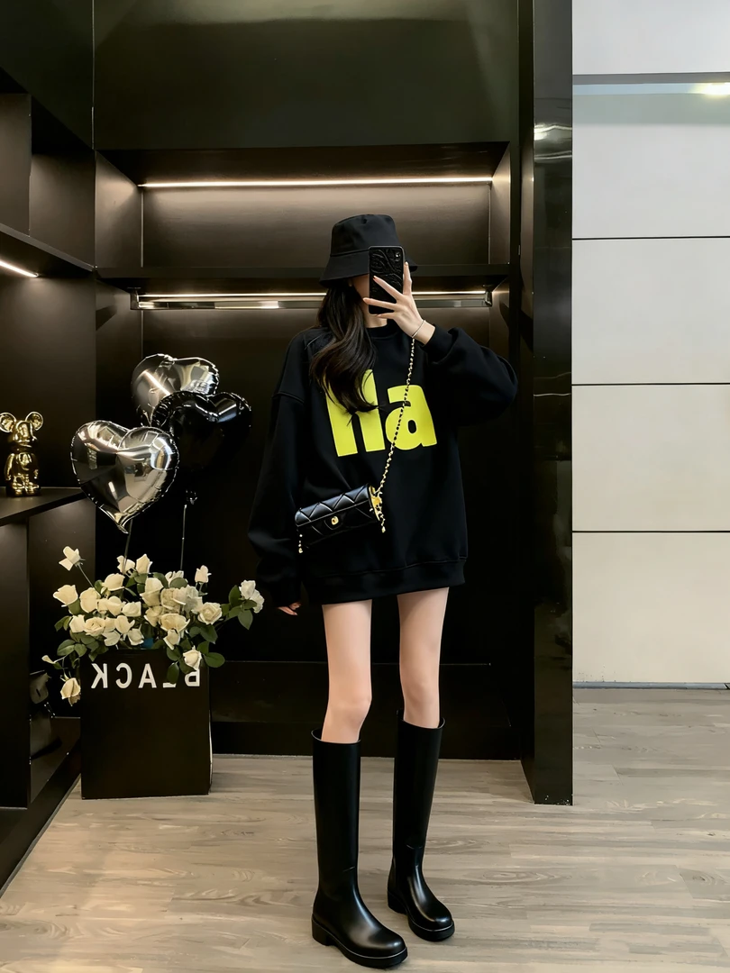 潮牌美式复古黑色卫衣女秋冬加绒加厚慵懒风韩版百搭宽松时尚外套