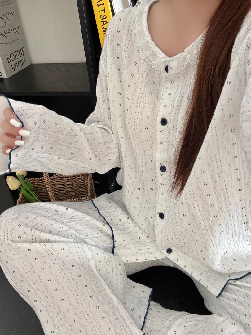 蕾丝四叶草睡衣女秋冬季长袖长裤宽松花边少女宿舍家居服套装