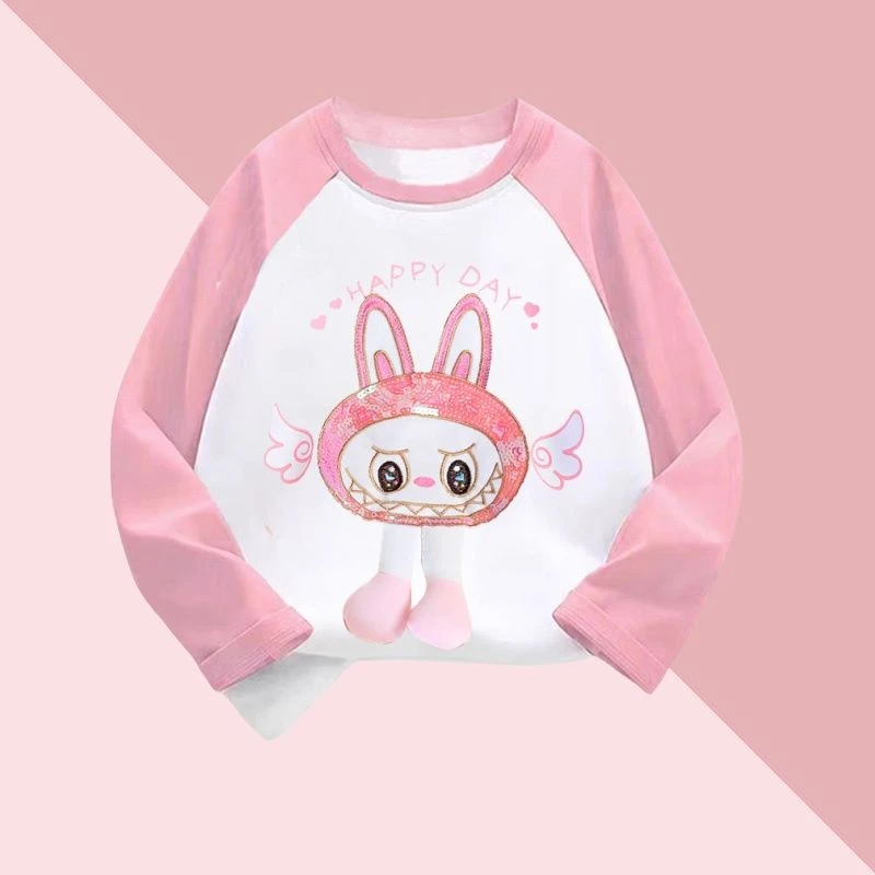 拉布布女童长袖t恤春秋款立体装饰儿童衣服小女孩秋装拼色打底衫