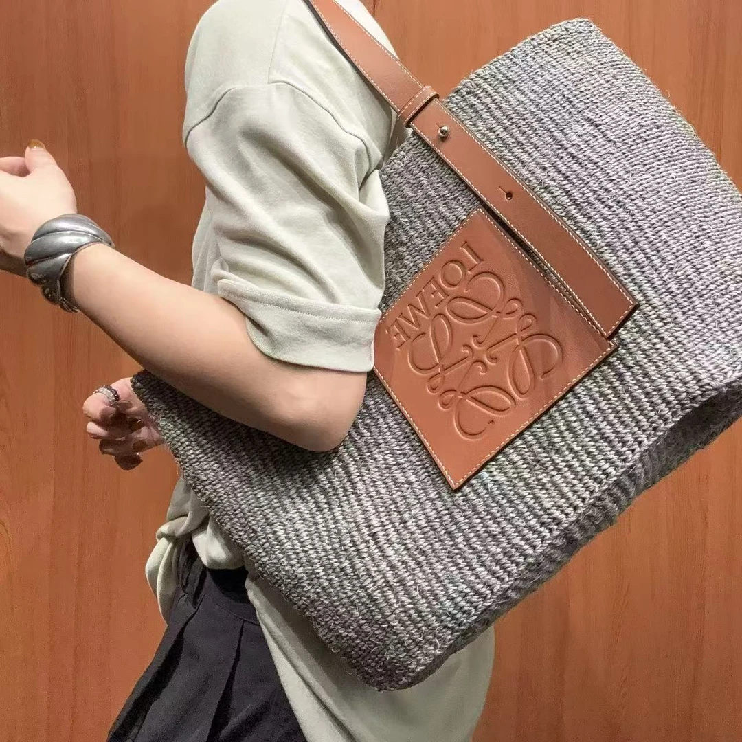 95新 LOEWE/罗意威 【蕾】 3LM501 灰色草编托特包