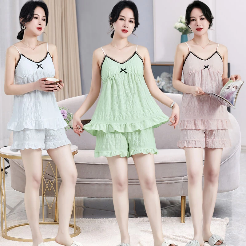 自带胸垫睡衣女款夏季2025新款云朵棉吊带背心短裤性感家居服套装