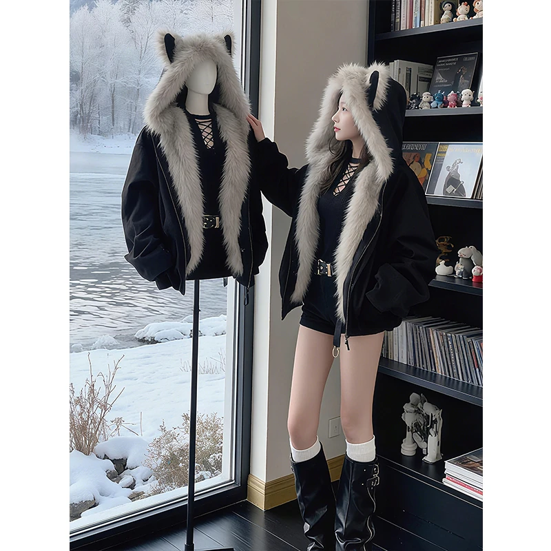 猫耳朵毛领座山雕皮毛一体外套男冬季加绒厚棉服美式短款连帽棉衣