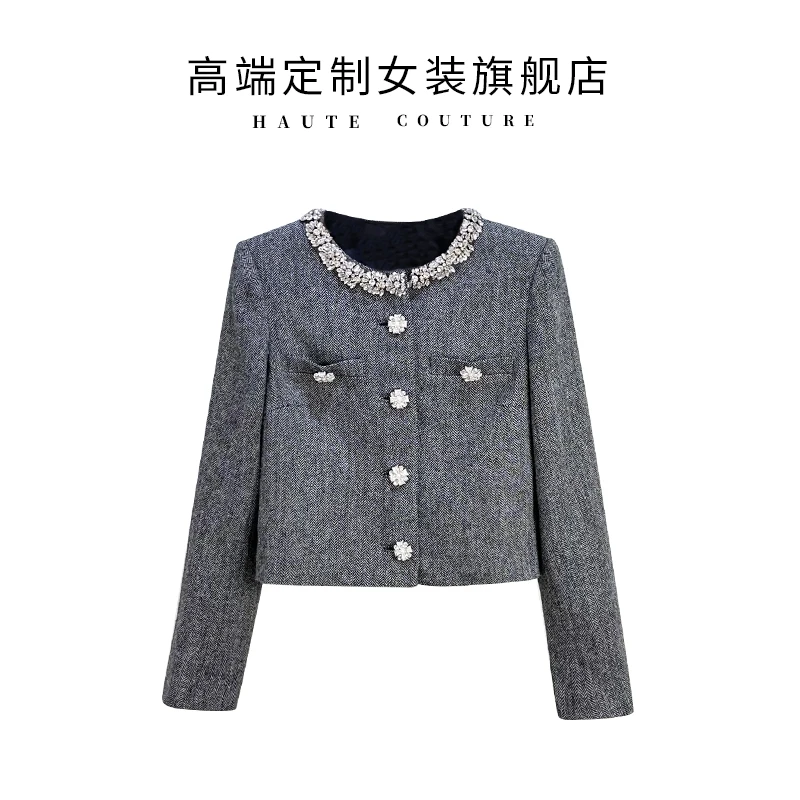 高级感 名媛小香风气质通勤灰混色人字纹羊毛混纺圆领钻饰外套