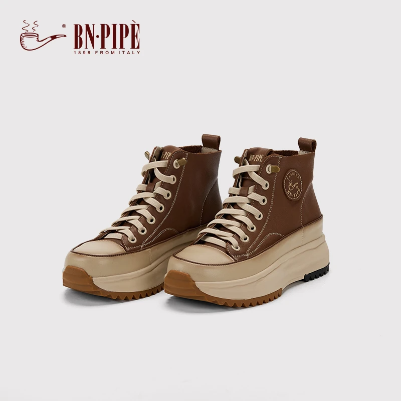 BN.PIPE/百年烟斗一脚蹬牛皮高帮鞋2025秋季新款厚底百搭休闲板鞋