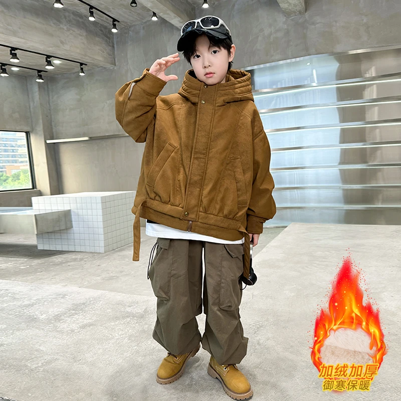 男童时髦炸街加绒加厚外套冬装2026新款洋气大童男孩韩版夹克冬款