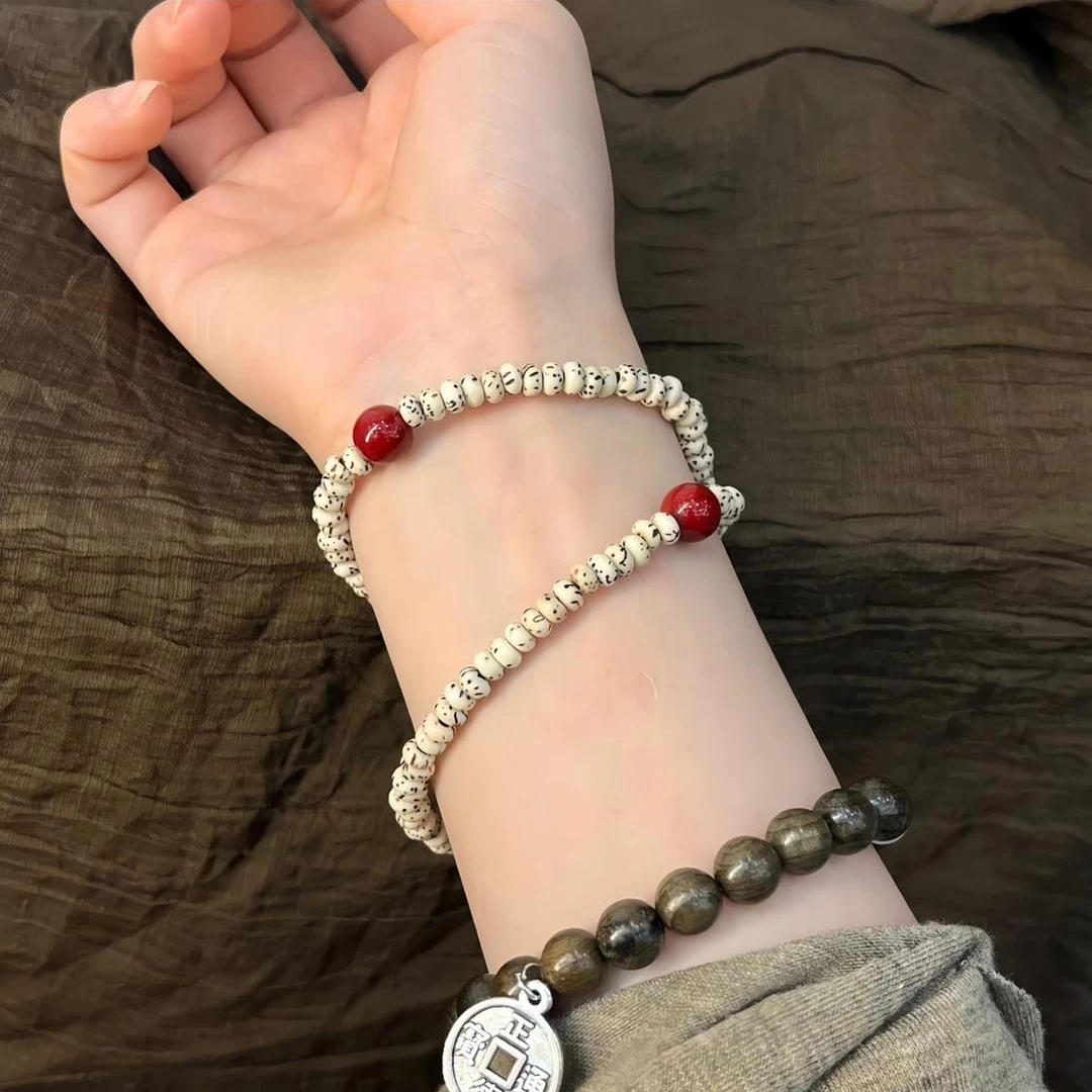 「花醉墨染」天然星月菩提小米珠搭配圆珠双圈手串女生菩提子