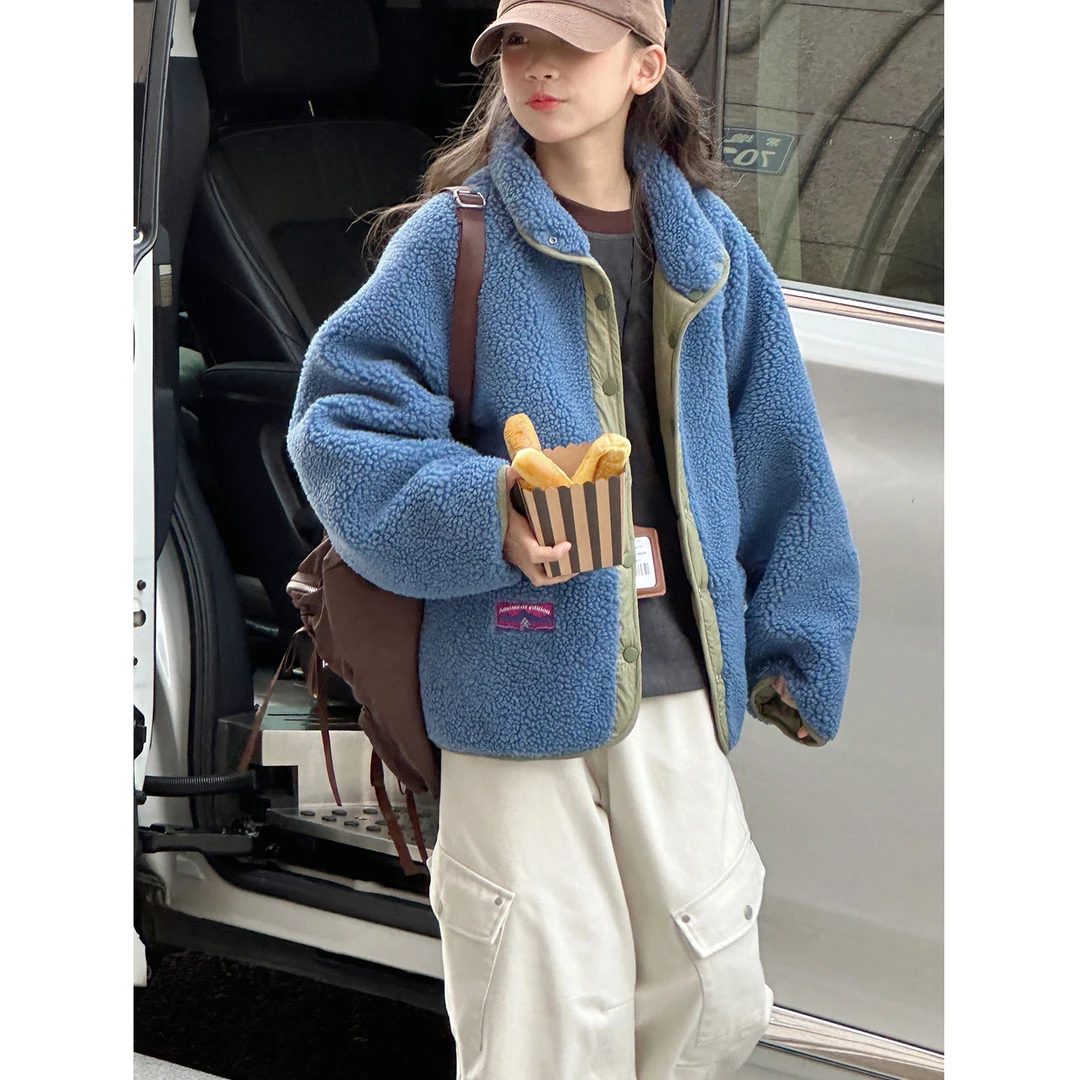 K30170双面穿女童夹棉外套2025新款秋冬装儿童上衣大童加厚毛毛衣