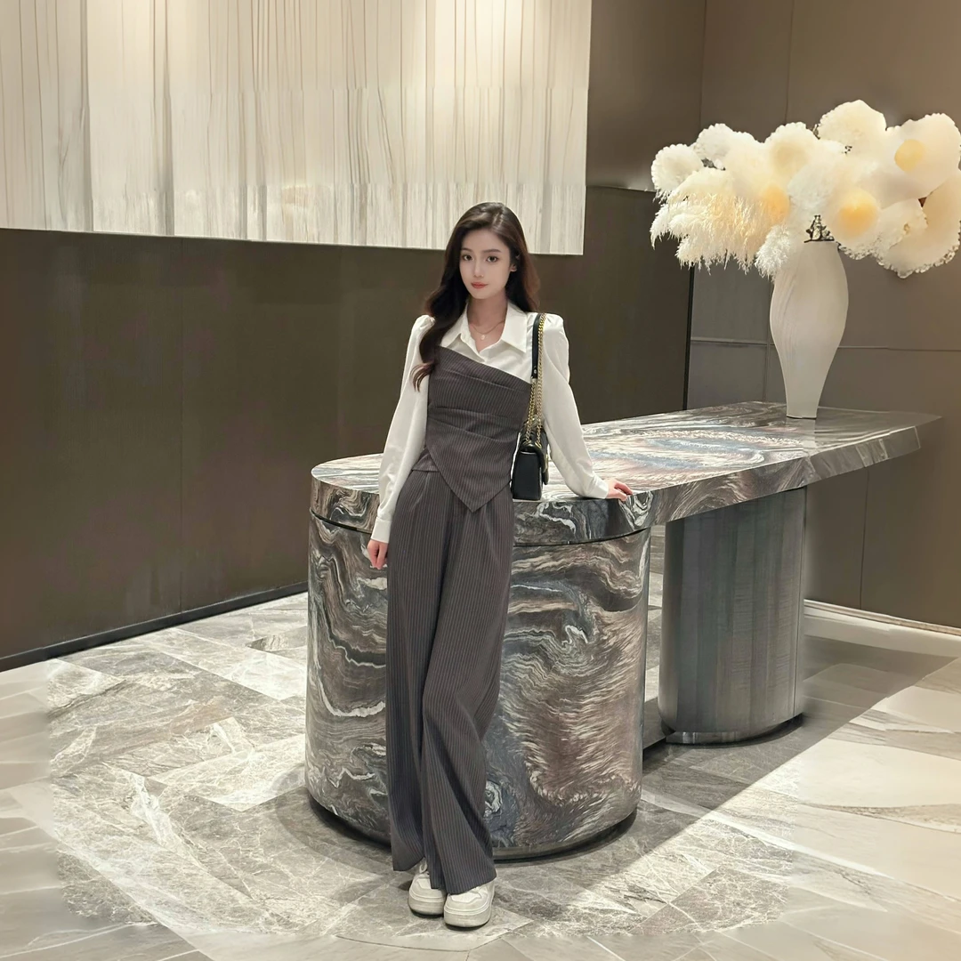 拉夏贝尔2025秋气质优雅高腰显瘦假两件长袖上衣+裤子 10629 LSC