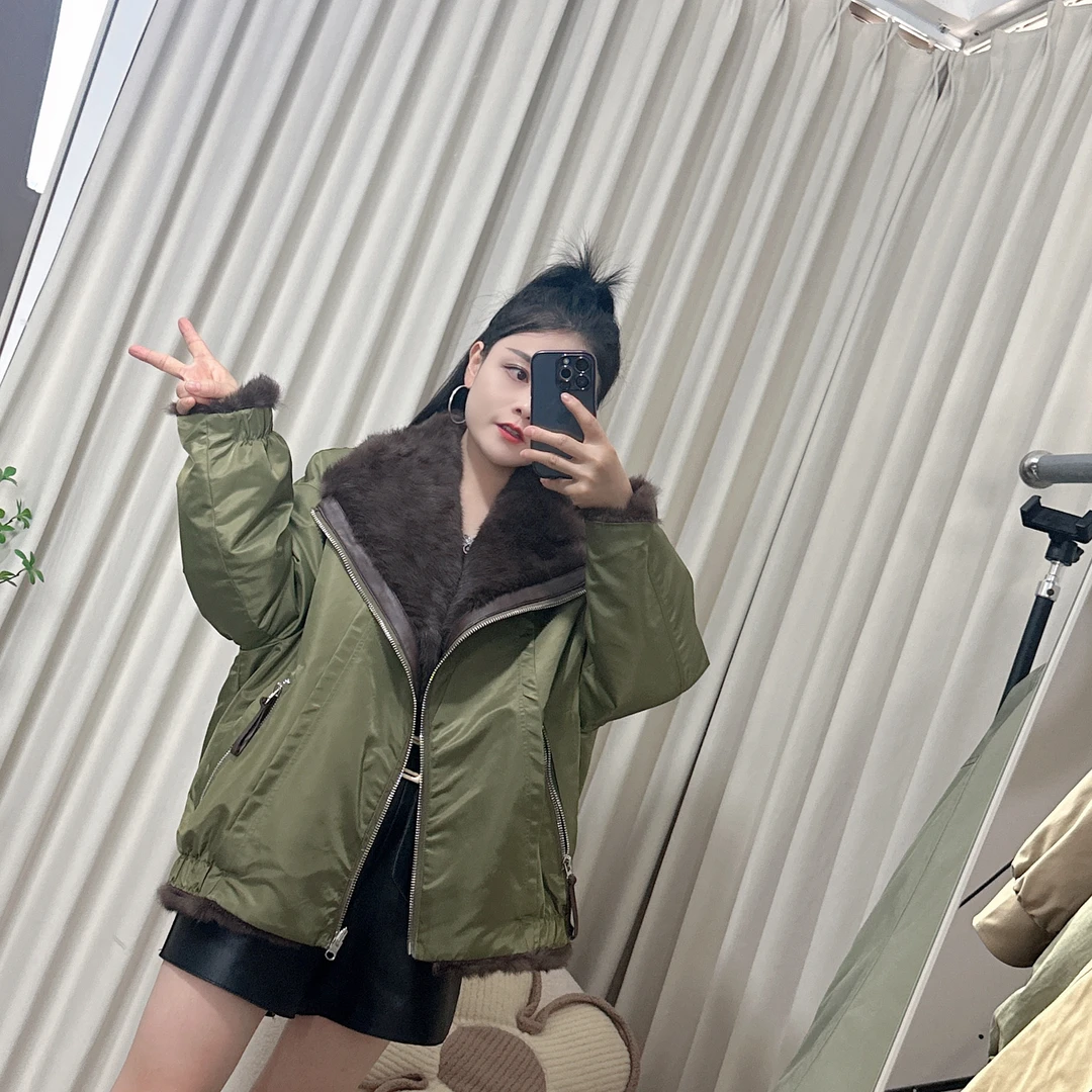 2025新款正反两面穿秋冬休闲宽松兔毛派克服年轻冬季时尚外套女