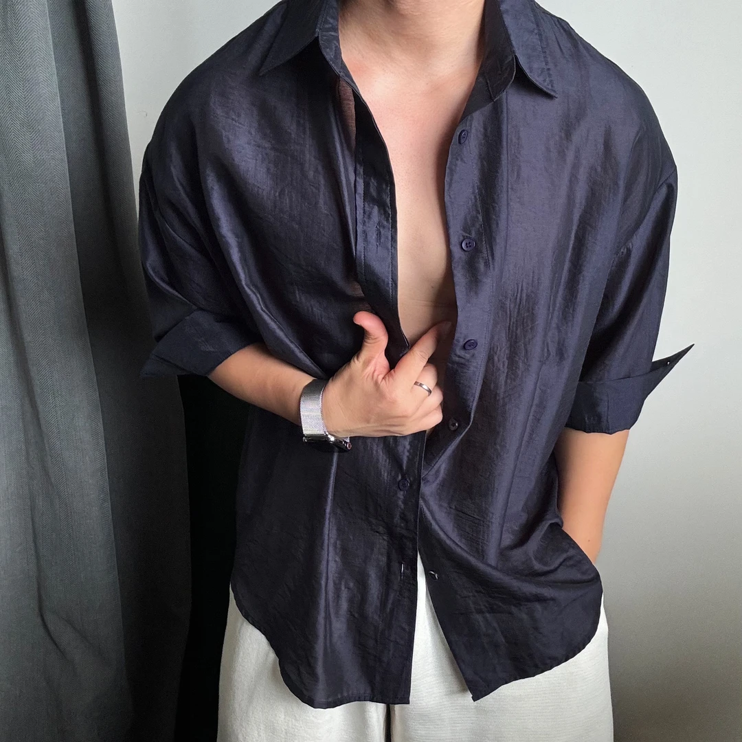 陆星家【莱赛尔短袖】夏季纯色六分袖衬衫男士宽松老钱风男装C305