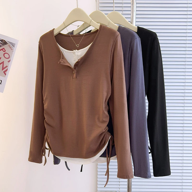 抽绳假两件微胖长袖女设计半开领上衣32007