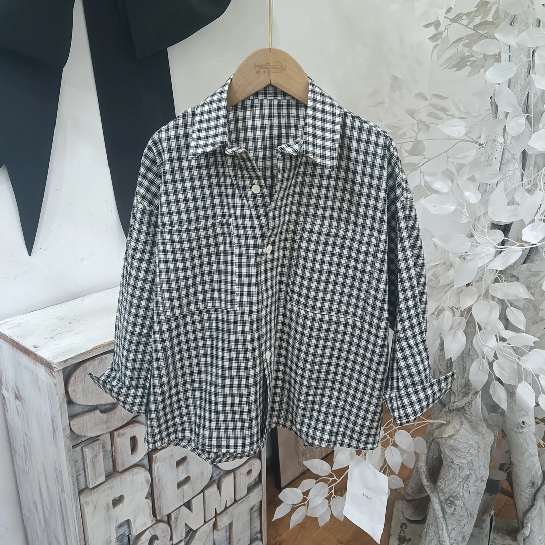 X190黑色格子棉衬衣/喵可
