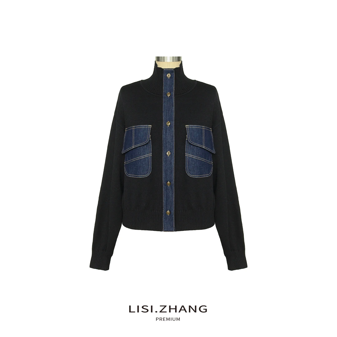 LISI.ZHANG--【天丝针织开衫】高领时尚感牛仔口袋拼贴天丝针织衫