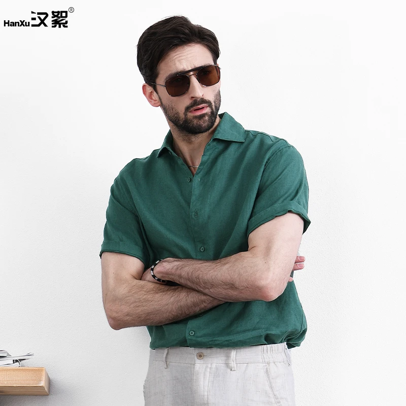 汉絮时尚绅士温莎领短袖亚麻衬衫男士夏季英伦风复古休闲麻料衬衣