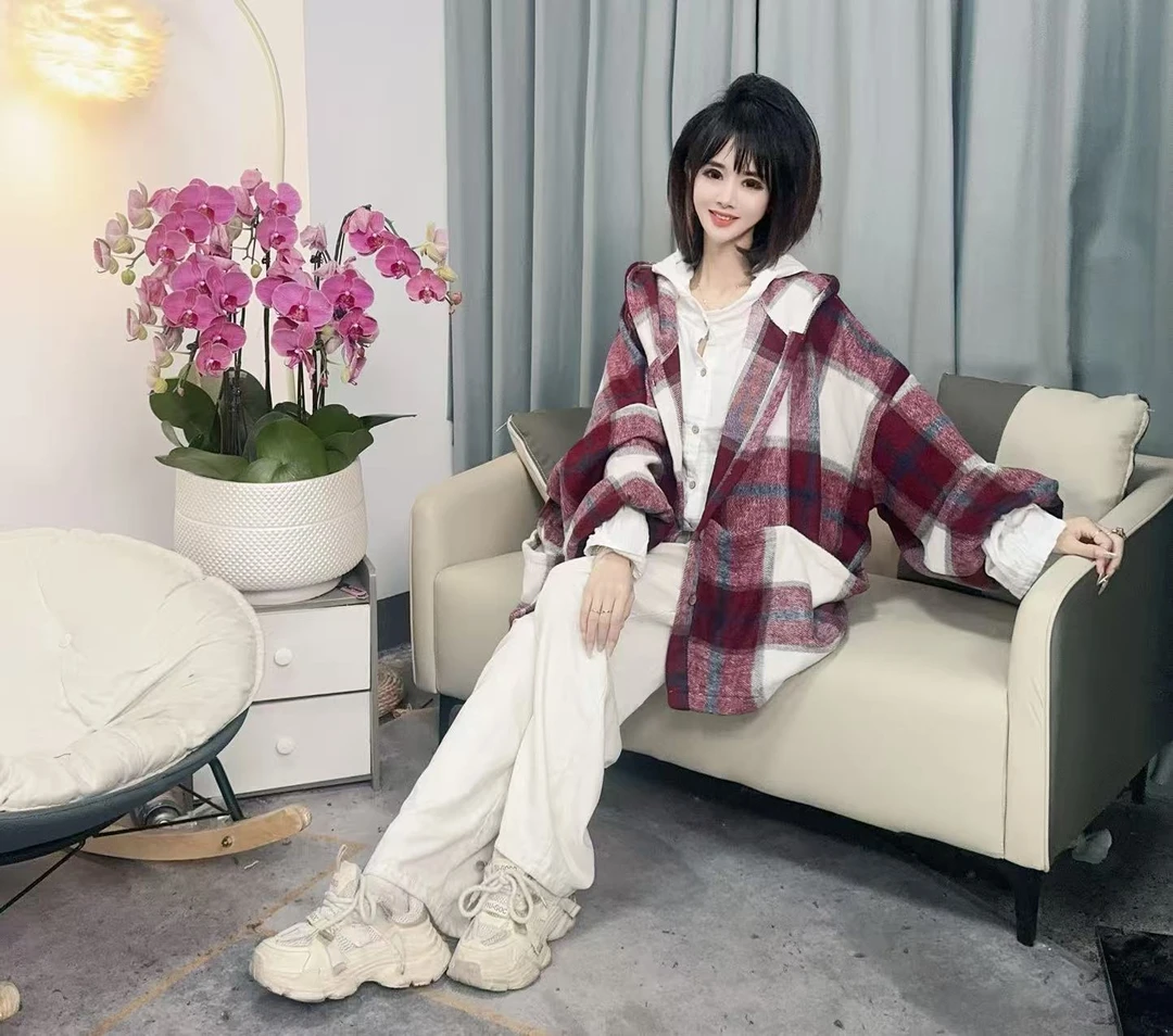 【沐木流浪记】（星霜）时尚气质深紫色白格子连帽四兜风衣外套z