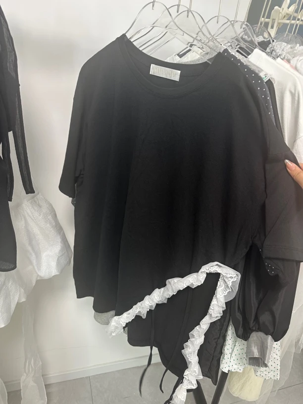 <no退换>跑单限购现货韩国东大门正品茶杯蕾丝系带大码宽松t恤