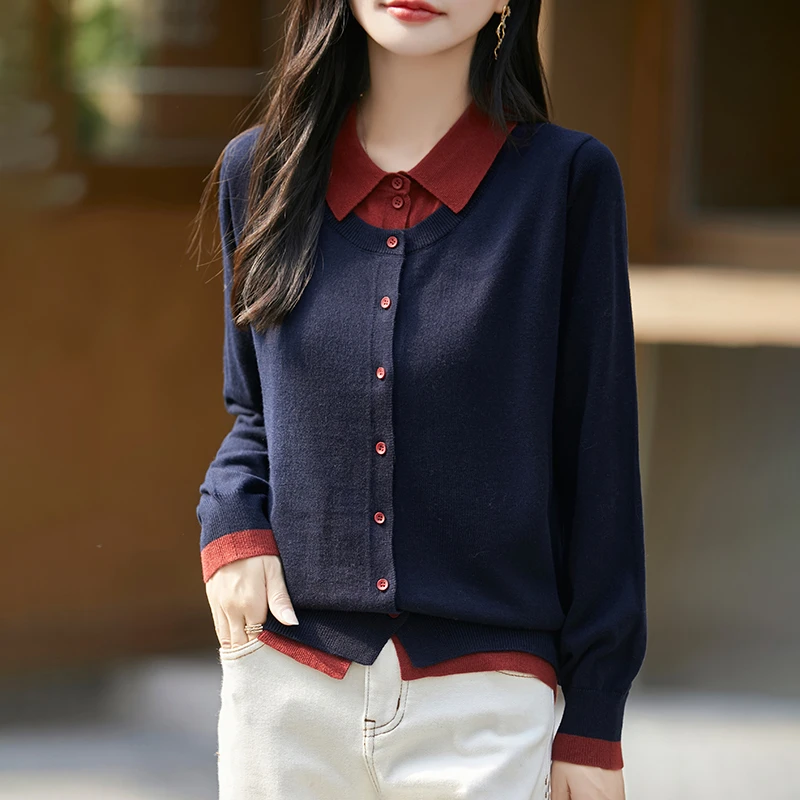 品牌春秋季POLO领撞色假两件开衫气质长袖打底衫显瘦洋气时尚