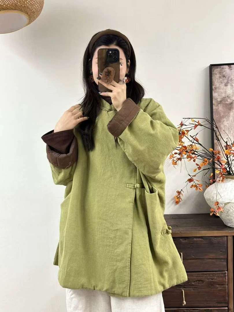 3072纯色亚麻斜襟盘扣棉服中式棉服（衣长85，胸围150）复古休闲文艺