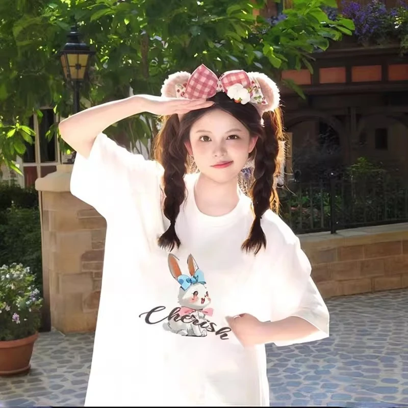 胖mm300斤白色短袖t恤女2025夏季款可爱印花宽松百搭减龄甜美上衣