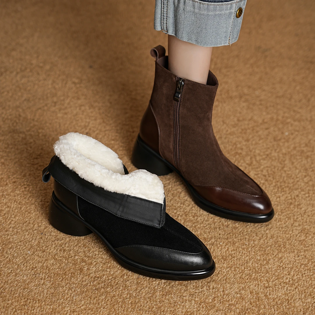 【5cm/牛皮】跟高冬季真皮靴子女短靴羊毛里雪地靴软底软面3661